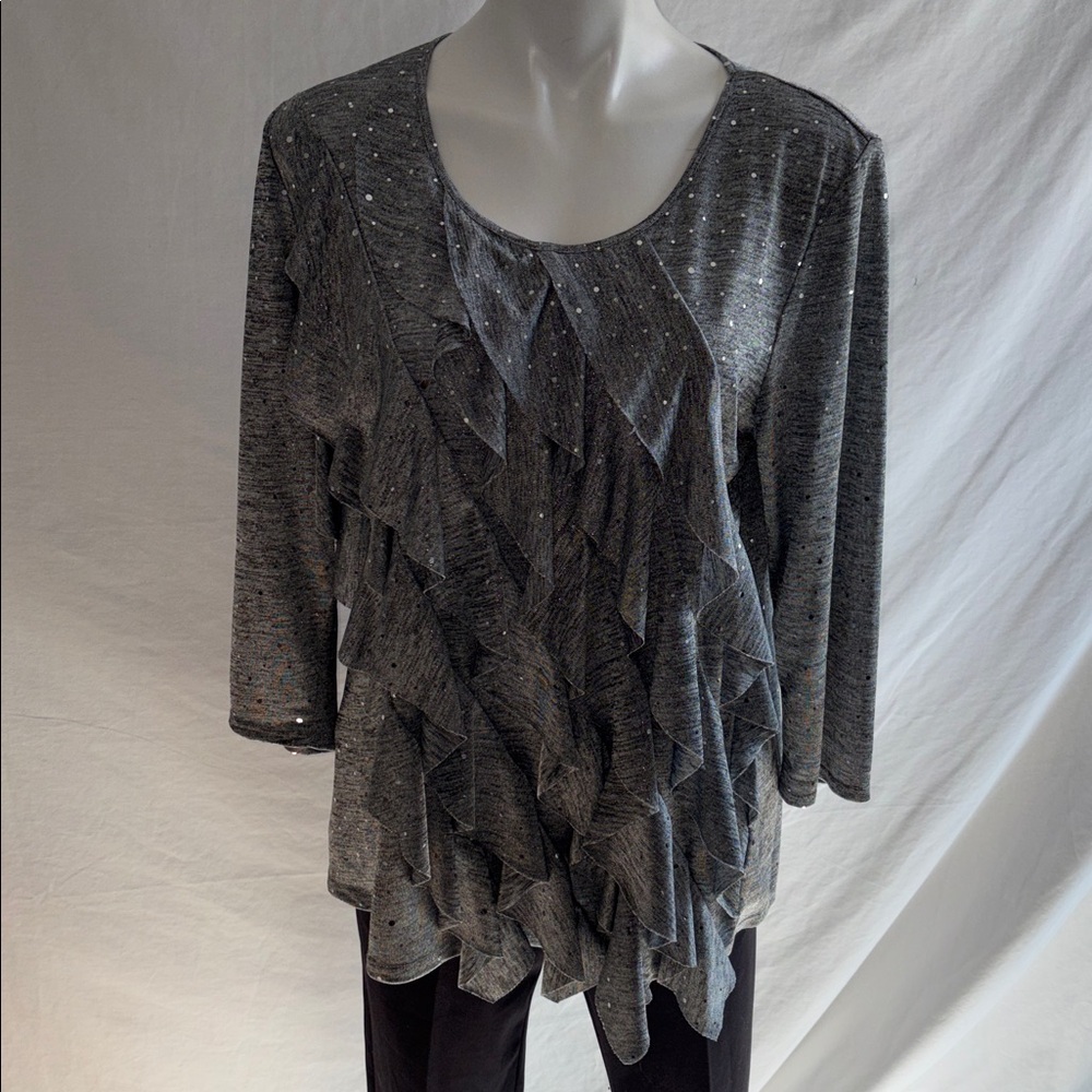 Notations Sparkly Gray Diagonal Ruffle Top